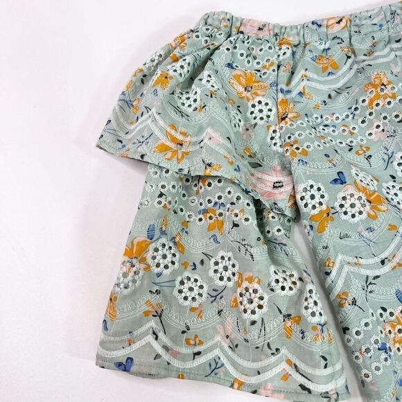 LAIA Tops Womens Small Green Floral Short-Sleeve Boat Neck Cotton Blouse Eyelet - Picture 5 of 10